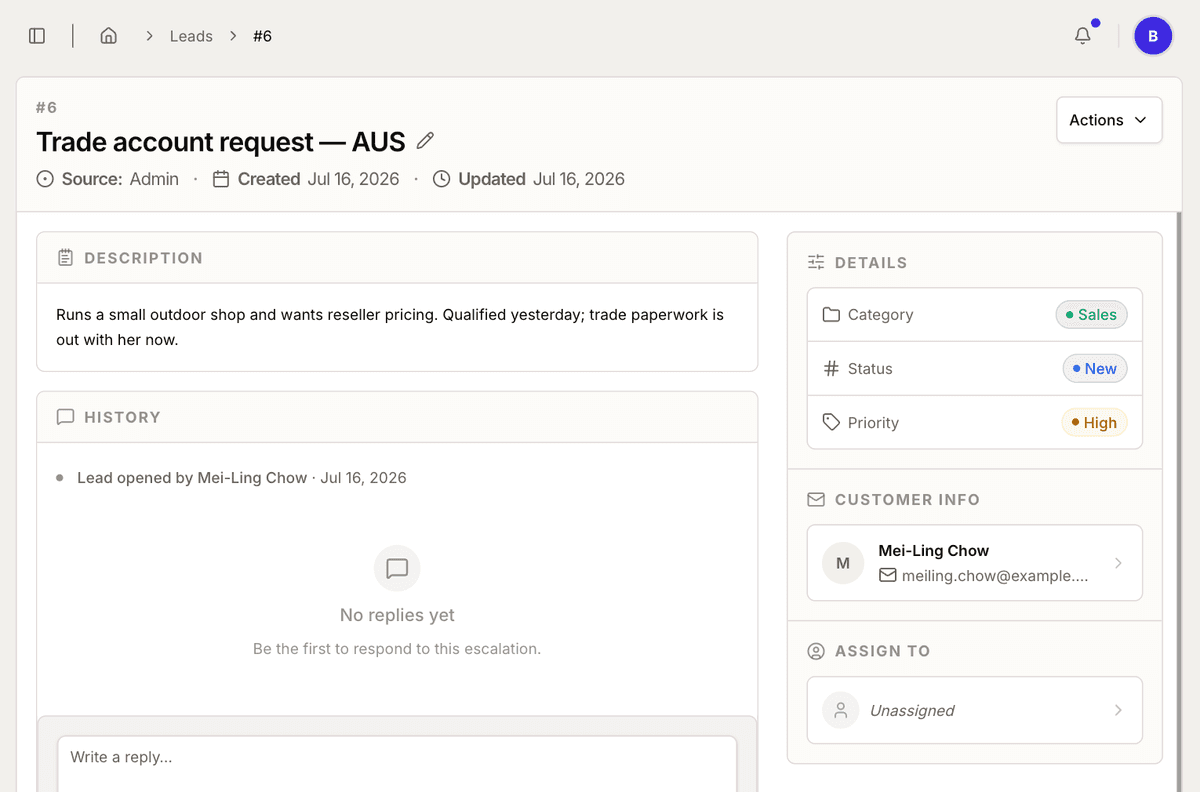 Querive console, lead detail with score and attached transcript