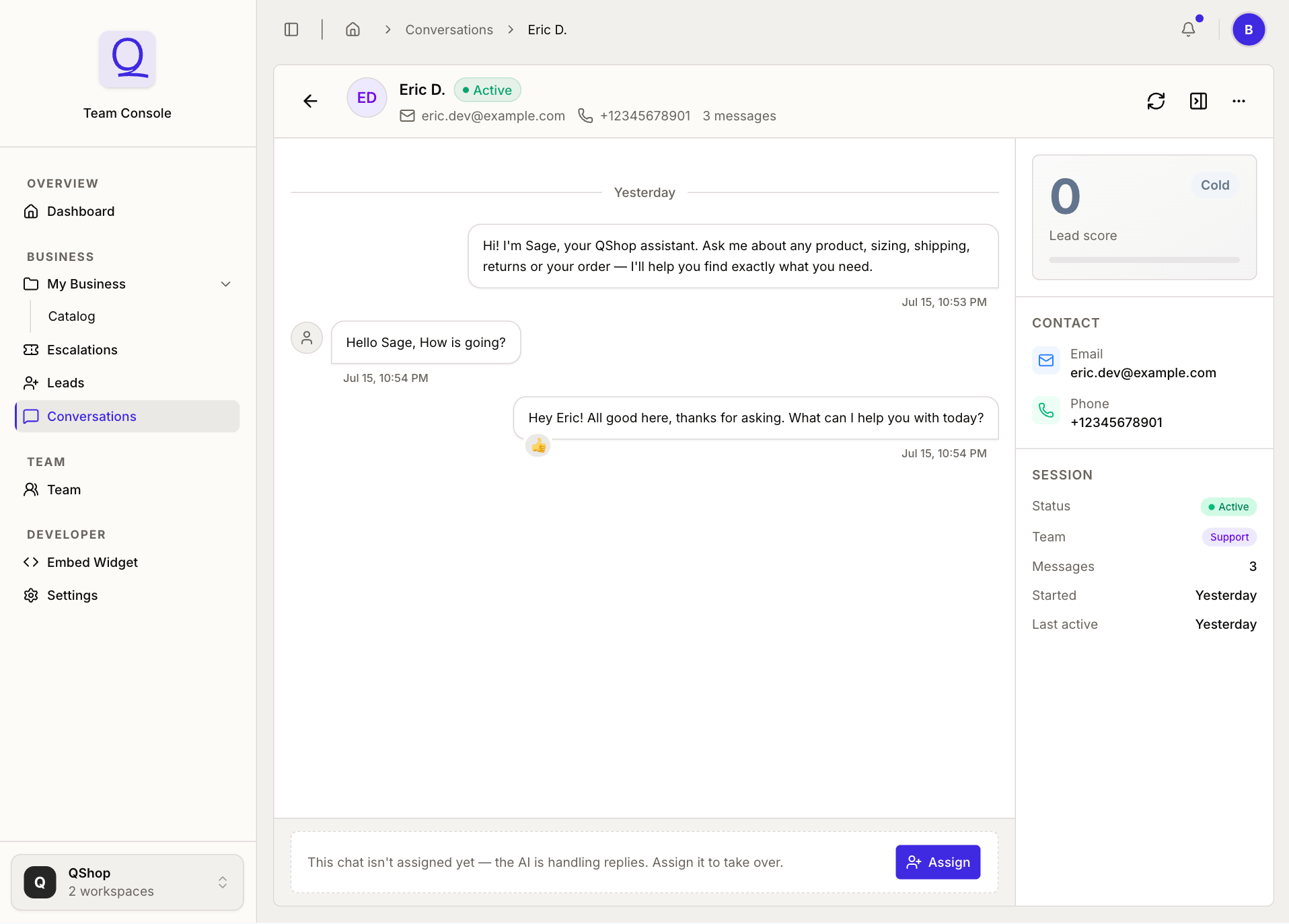 A live conversation in the Querive console with the AI still replying and an option to assign and take over